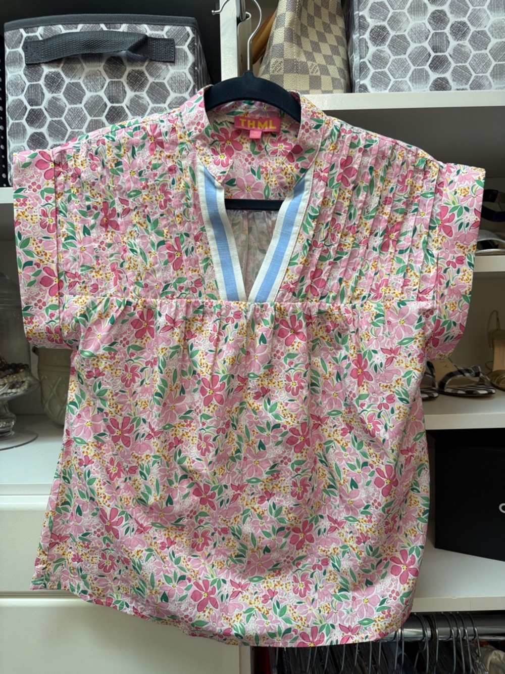 THML Pink Floral V-Neck Blouse with Blue Trim